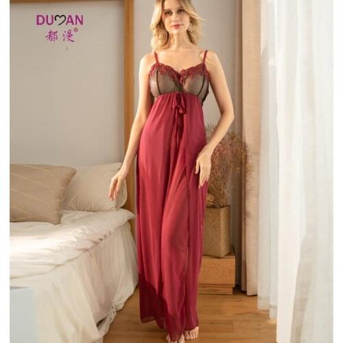 Backless lace elastic gauze perspective open fork take sexy pajamas appeal that occupy the home long nightgown