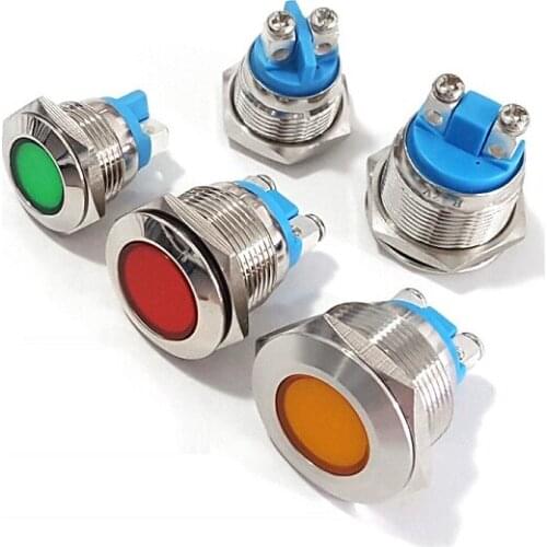 25mm flat round Signal lamp 3V 6V 12V 24V 220v screw connect red yellow blue green white LED Metal Indicator light