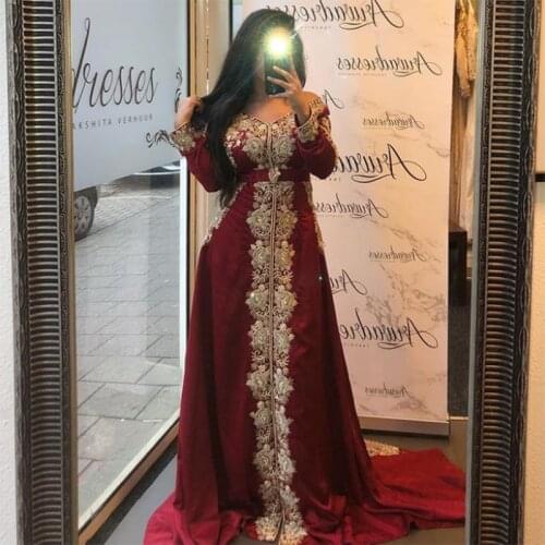 Fashion Moroccan Kaftan Muslim Evening Dress Burgundy Velour Dubai Lace Applique Prom Formal Dress Party Gown Robe De Soiree