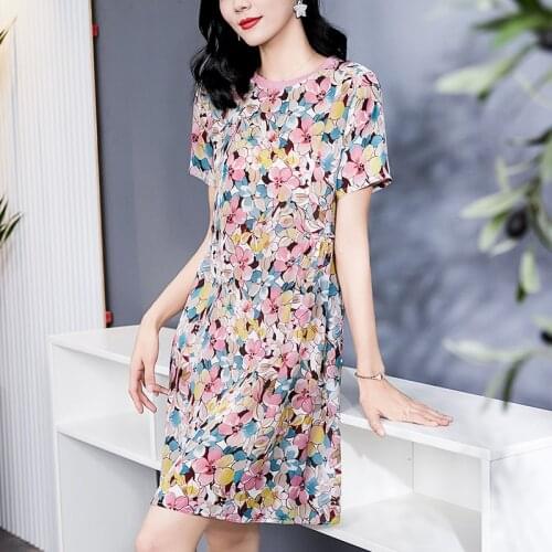 Elegant Fashion 100% Natural Silk Women Summer Dresses O-neck Short Sleeve Pure Real Silk Office Lady Print A-line Pink Dress