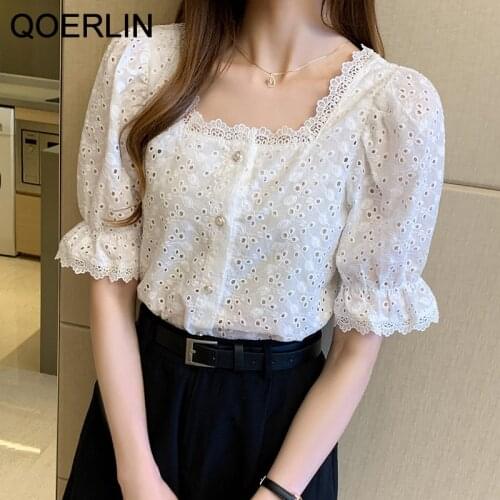 QOERLIN Lace Button Shirts Plus Size 2021 Summer New Korean Square Collar Hollow Out Short Sleeve Shirt Blouse White Tops Shirts