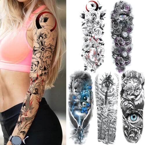 Sexy Moon Flower Temporary Tattoos For Women Men Adult Full Arm 3D Devil Eye Rose Tattoo Sticker Fake Lion Black Tatoos Decor