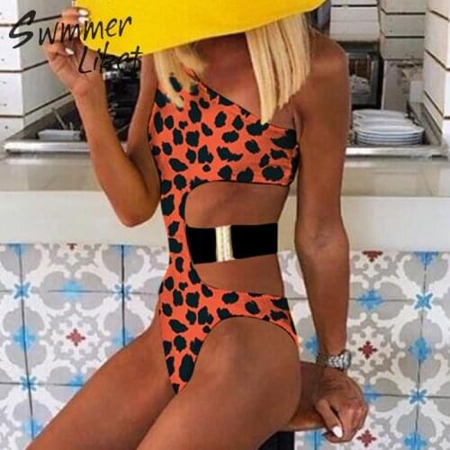 Sexy one shoulder bodysuits one-piece Brazilian swimwear women Leopard print one-piece swimsuits female Hollow out bikini 2019