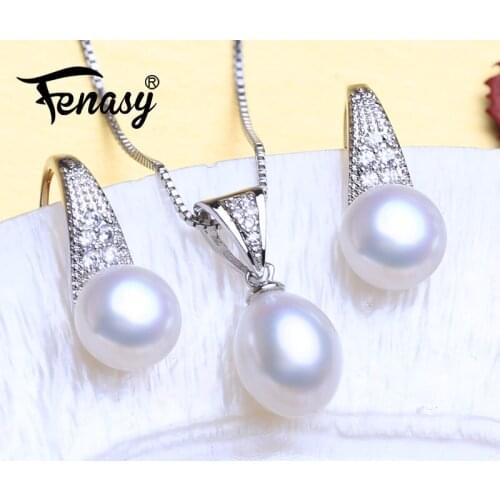 FENASY 925 Sterling Silver Pendant Necklace Natural Pearl Jewelry Sets For Women Classic Stud Earrings Fashion Party Rings