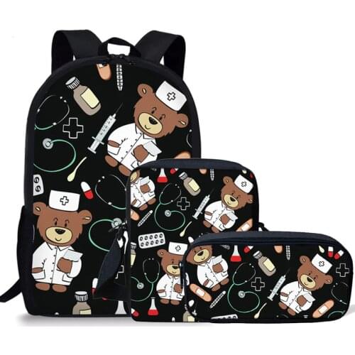 3pcs/Set Boys School Bags Kids Cartoon Bear Doctor Print School Backpack For Boy Bookbag Student Schoolbag Kids Pen Pencil Bag