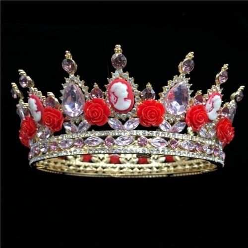 Elegant Queen King Bride Tiara Crown For Women Prom Red Flower Bridal Wedding Tiaras and Crowns Hair Jewelry Accessories RE3158