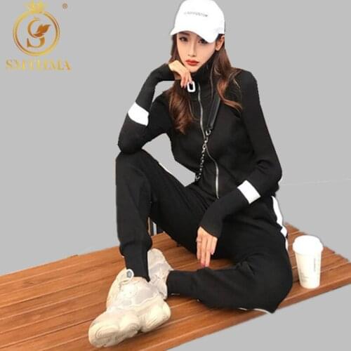 SMTHMA 2021 New Women Zipper Cardigan Coats+Pencil Pant Suits Knitted Long Sleeve Knitted Casual Sweaters Trousers 2PCS Sets