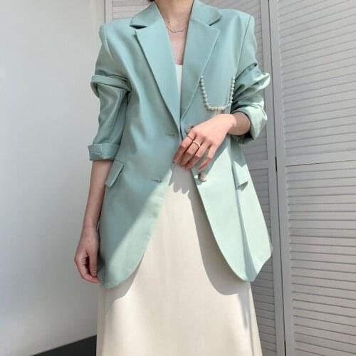 LMQ NEW 2021 Spring High Quality Women Pure Color Pearl Decorated Suit Loose Jackets Casual Suit Vintage Korean Tops Cardigan