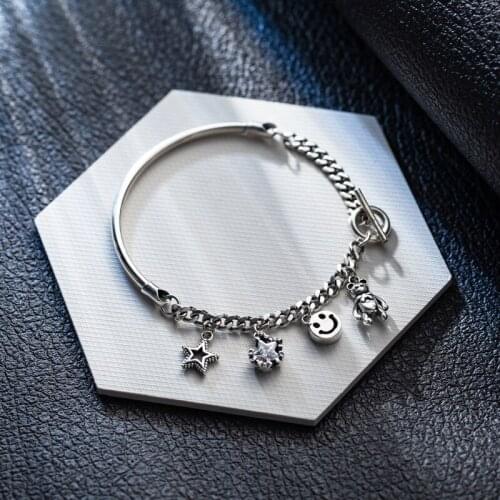 Handmade Vintage Thai Silver Color Little Bear Smiling Face Star Pendant Elbow Bracelet For Women