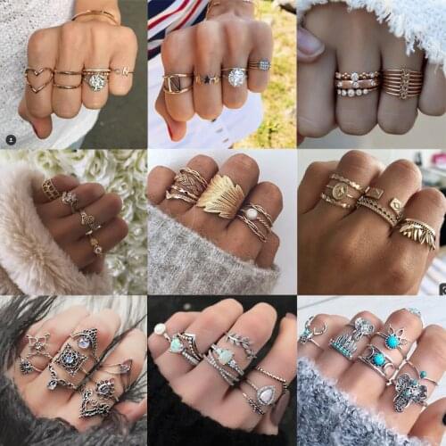 Tocona Boemian Gold Rings Crystal Stone Vintage Elephant Moon Leaf Geometric Wedding Ring for Women Men Jewelry Pierścień