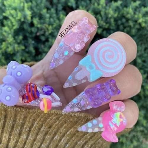 20PCS Cute Candy 3D Nail Charms Mix Lollipo Cabochon Bows/Bear /Flower Japanese Style Resin Kawaii Nail Art Crafts Trendy DecalS