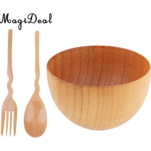 MagiDeal 3pcs Camping Portable Spoon Fork Bowl Set Wood Cereal Soup Container for Dinner Lunch