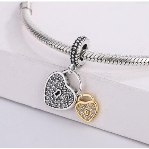 925 Sterling Silver Floating Heart Shape Lock Charms Crystal Valentines Day Bead Fit Dangle Bracelet DIY Jewelry Gift Couple