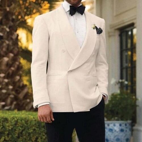 White Double Breasted Wedding Tuxedo for Groom with Shawl Lapel 2 piece Slim fit Men Suits Set Jacket with Black Pants Fashion