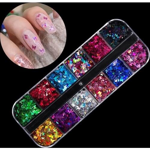 12 Colors Holographic Nail Sequins Butterfly 3D Nail Sequins Polish Mirror Sparkly Shiny Flake Paillette Manicure Decor Nail Art