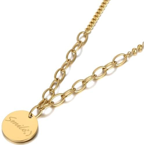 14K Gold Smile Tag Charm Pendant Necklace For Women Gilrs Trendy Stainless Steel Bohemia Party Chain Necklace N20148