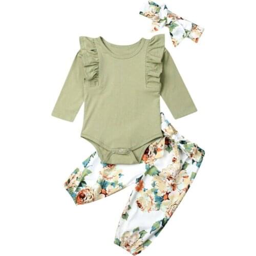 Citgeett Spring Autumn Newborn Infant Baby Girl Outfits Ruffle Romper Green Tops +Floral Print Pants Clothes Fall Set