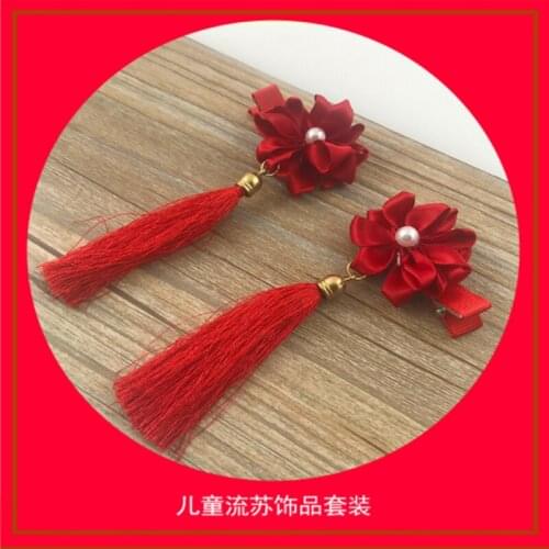 Chinese Style Childrens Hair Accessories Red Hair Clip Children Tassel Hair Clip Hair Ball Headband Set