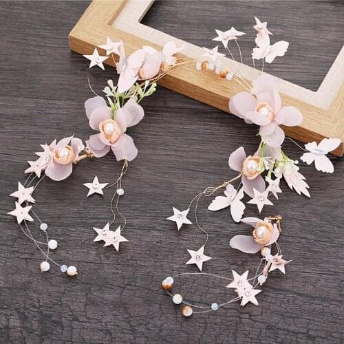 Handmade Pink Star Floral Bridal Headbands Tiaras Crystal Beads Yarn Hairbands Wedding Hair Accessories Head Headdress diademas