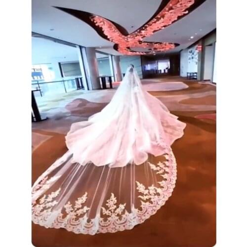 Real Photos 1 T Long Lace Wedding Veils 4 Meters White Ivory Bridal Veil with Comb Bride Headpiece Wedding Accessories