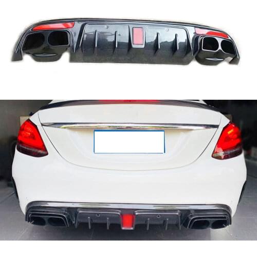 Carbon Fiber Rear Bumper Lip Diffuser with Led Lamp For Benz C Class W205 C43 C63 AMG Sport 4 Door 2015-2020 B Style Four Outlet