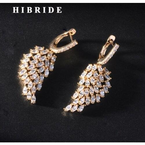 HIBRIDE Luxury White Gold Color Cubic Zircon Women Dangle Earrings Brincos Jewelry For Bridal Wedding Jewelry E-915