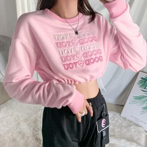 NCLAGEN Letter Embroidery Girl Pink Hoodies Waist Drawstring Cropped Top Pullovers Women Streetwear Casual Sweatshirts Outfits