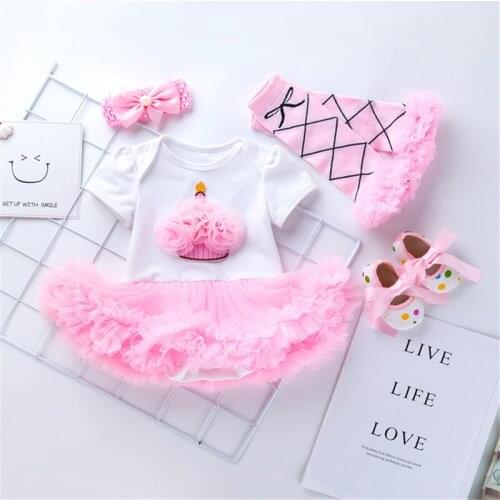 Baby Girl Set Short Sleeve Cotton White T Powder Yarn Romper + Dress Shoes Gloves Four-piece Set 0-2 Yrs Baby Newborn Birthday
