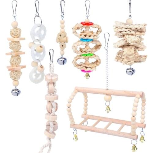 7 Pieces Set Bird Chewing Standing Playing Swing Toys with Bells Primary Color