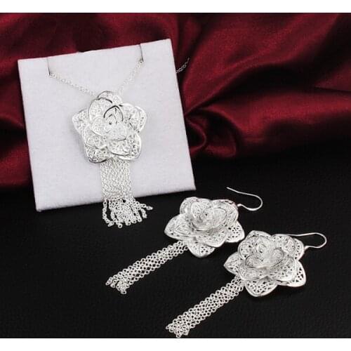 Hot Charm fine flower Pendant necklace earrings 925 sterling Silver Jewelry set for women Fashion Party wedding Christmas Gifts