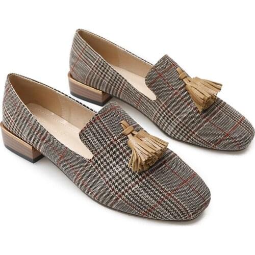 European And American Fashion Fringe Womens Shoes Retro Gingham Square Toes Loafers Ladies Light-Mouthed Casual Flat Shoe Mujer