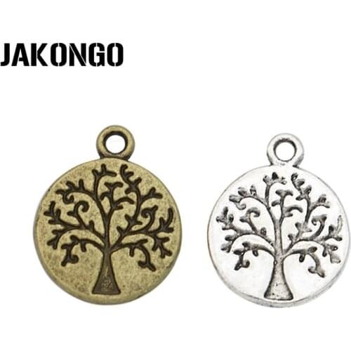 JAKONGO 20pcs Antique Silver Plated Round Tree of Life Charms Pendants for Jewelry Making DIY Handmade Craft 14x12mm