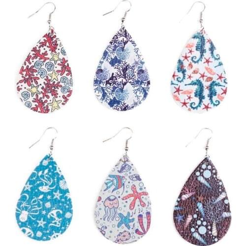 Marine Style Coral Printed Teardrop Faux Leather Drop Earrings Coral Figure PU Leather Drop Earrings