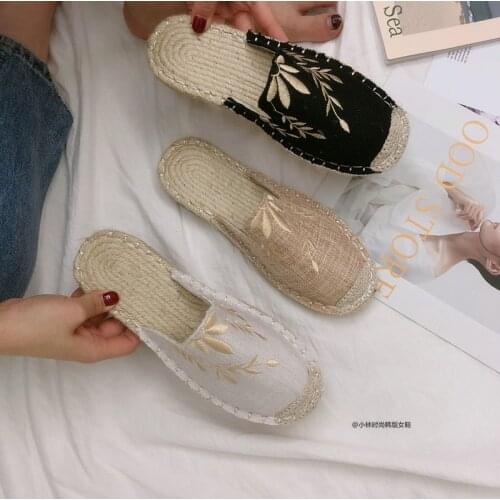 Straw weave flax embroidery mules shoes woman flats casual summer slippers round toe brief slides fisherman flip flops outwear