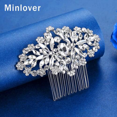 Minlover Rhinestone Silver Color Flower Bridal Hair Combs Elegant Crystal Wedding Hair Accessories Bride Headdress Pins FS236