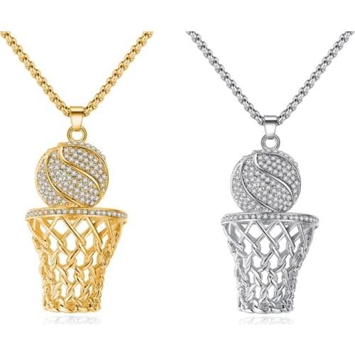 Hiphop Basketball Hoop Necklace For Men Fashion Clear Zircon Gold Silver Color Pendant Jewelry Long Chain Necklaces Party Gifts