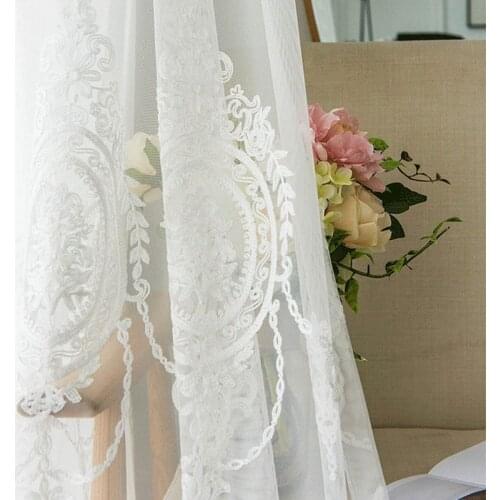 Rustic Floral Embroidered Curtains for Living Room White Tulle Delicate Window Treatment Valance Drapes M147C