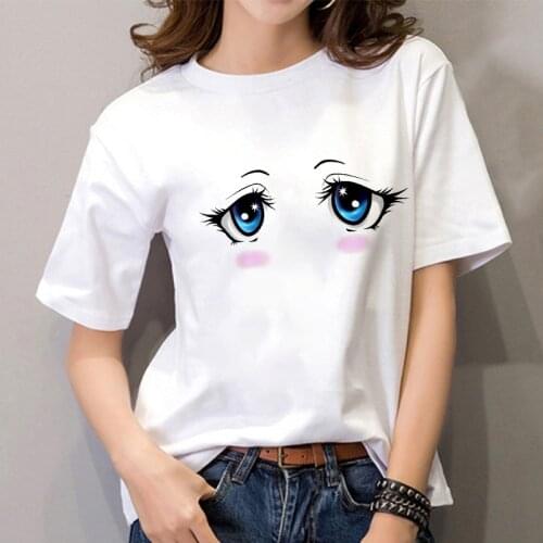 Summer 2020 fashion Women white T-shirt Cute cartoon eyes pattern Print Tshirt Harajuku Casual Female Top Short Sleeve T shirt