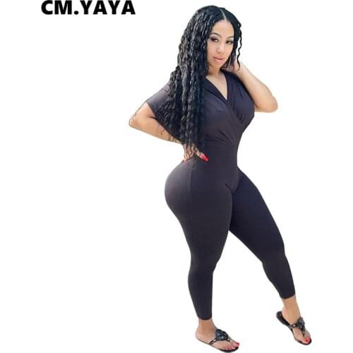 CM.YAYA Wome Jumpsuit Solid Short Sleeve V-neck Stretchy Skinny Pencil Jumpsuits Casual One Piece Overalls Summer Outfits 2021