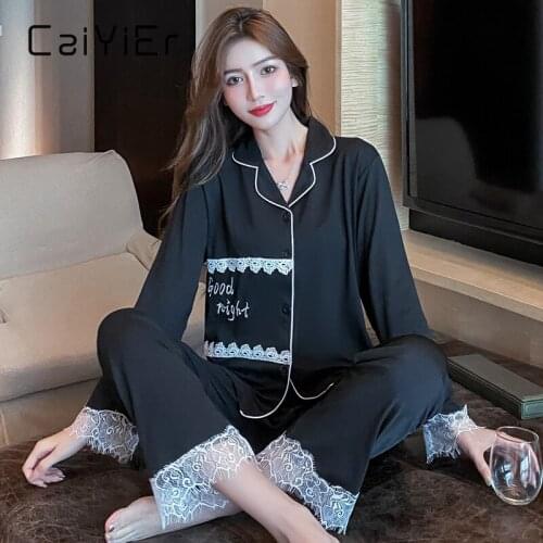 CAIYIER Autumn Winter Womens Pajamas Set Turn-down Collar Long Sleeve Sleepwear Fashion Sexy Lace Contracted Nightwear Homewear