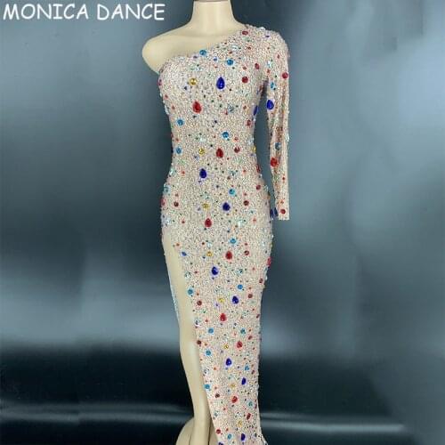 Nightclub Sexy Sparkly Multi-color Glass Rhinestones Long Dress Womens Birthday Celebrate Outfit One Sleeve Dancer Dresses