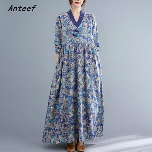 Long sleeve plus size cotton linen vintage floral dresses for women casual loose spring autumn dress elegant clothing 2021