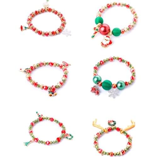 10pcs Christmas Beaded Bracelet For Women Kids Stretch Santa Candy Bell Cane Elk Horn Tree Snowflake Charm Bracelet Gift Jewelry