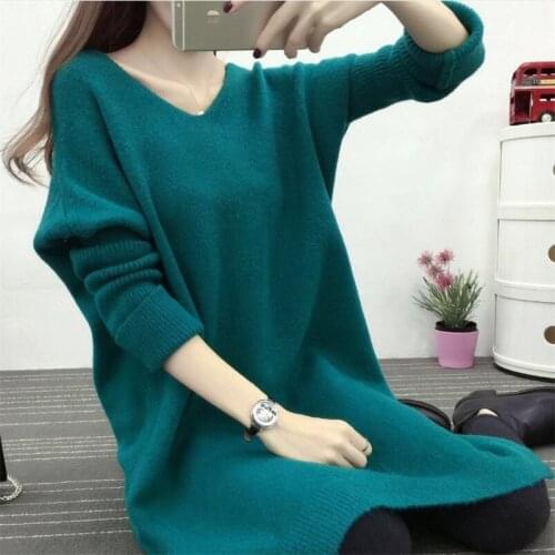 2021 Autumn And Winter New Hooded V-neck Long Solid Sweater Korean Womens Loose Long-sleeved Shirt