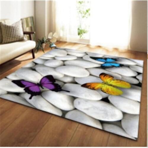 Pebble Butterfly 3D Living Room Carpet Childrens Bedroom Rug Velvet Non-Slip Kids Play Area Rug Home Decor Kitchen Mat Doormat