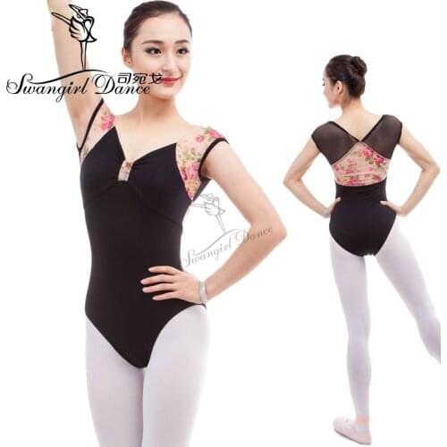 Black short sleeve ballet leotard with flowers mesh adult dance costumes ballet dancewear ballet costume for sale CS0309