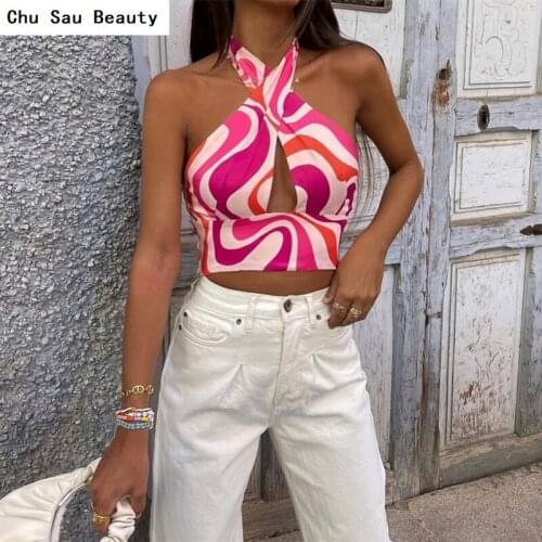 Chu Sau Beauty 2021 Womens Fashion Lace Cross Sexy Printed Short Top Summer Slim Halter All-Match Vacation Vest