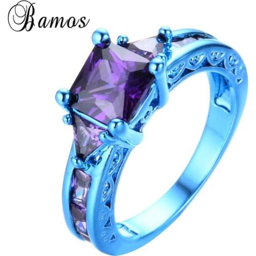 Bamos Elegant Purple Square AAA Zircon Ring Blue Gold Filled Wedding Party Finger Rings For Women Men Valentines Day RC0040