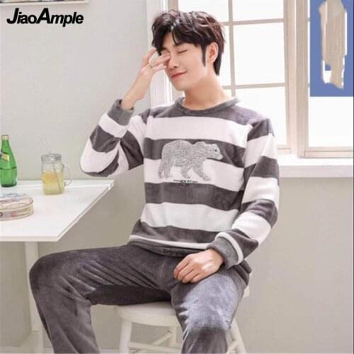 Flannel Pajamas Mens Fall/winter O-Neck Warm Long-sleeved Trousers Pijamas Two-piece Set 2021 New Plus Size Cute Nightie Suit