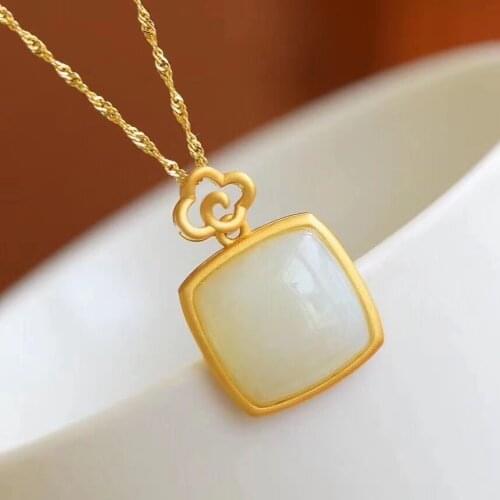 Hotian Jade Pendant Womens High-Grade Frosted Gold Inlaid White Jade Square Lucky Pendant Stylish Clavicle Necklace Pendant